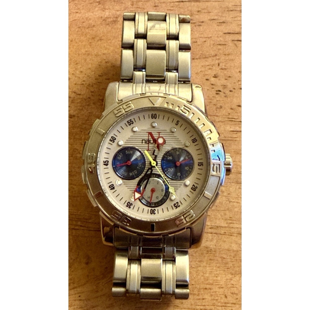 Vintage NAUTICA Day Date large Men's Watch Stainless Diver 100M Needs Battery